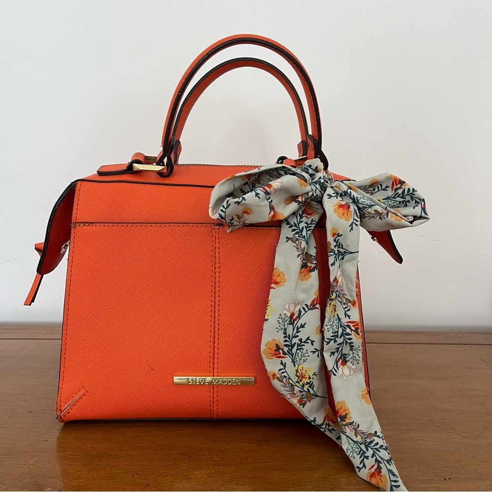 Steve Madden Orange Top-Handle Crossbody with Floral Scarf